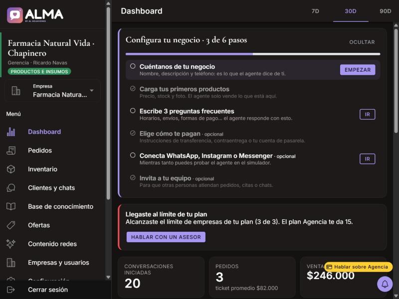 Captura de Dashboard de un negocio con productos en computador