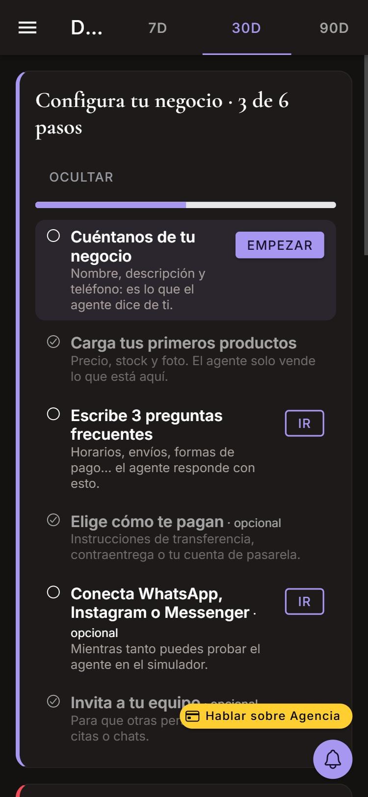 Captura de Dashboard de un negocio con productos en celular