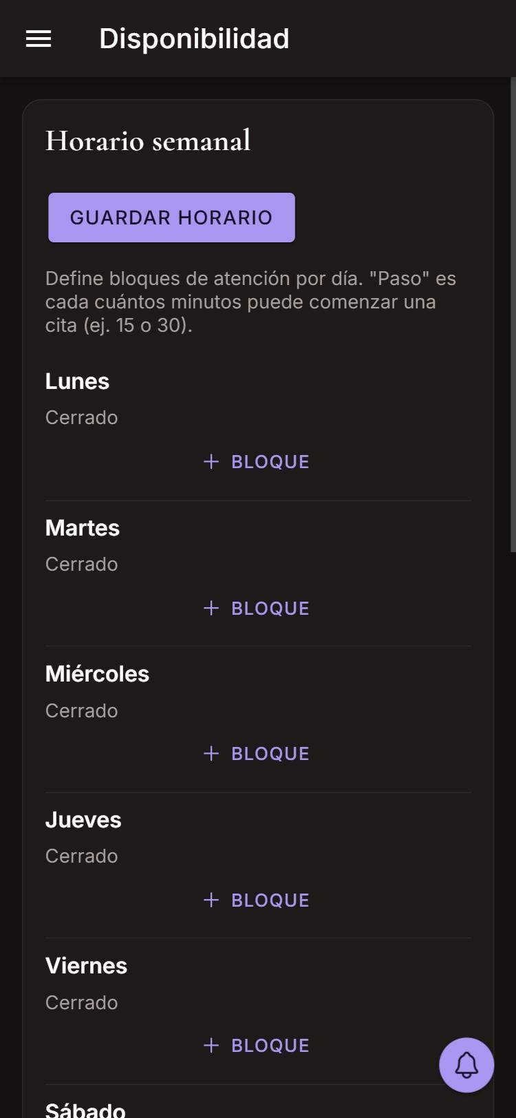 Captura de Horario semanal en celular