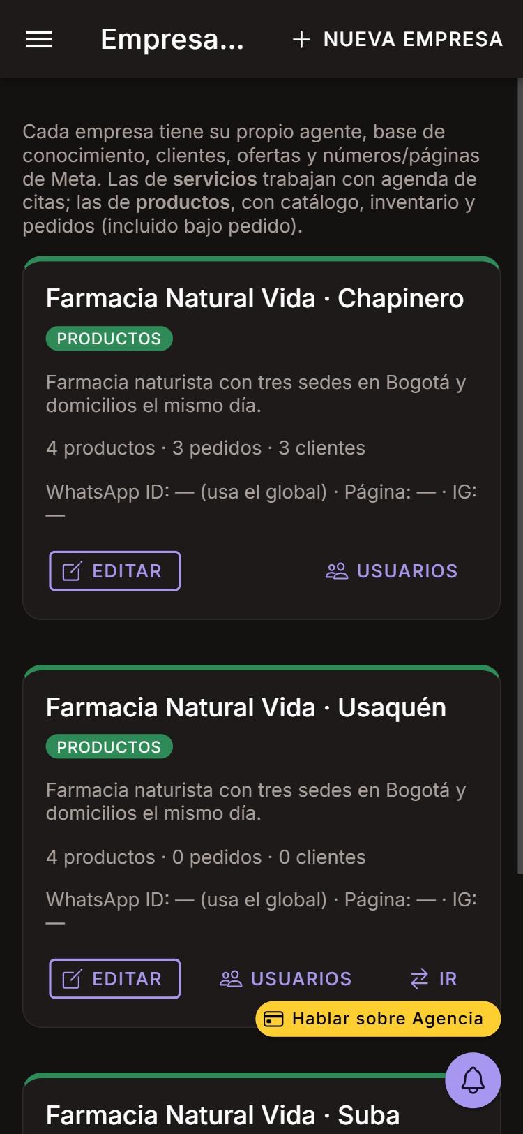 Captura de Tres sedes en una sola cuenta en celular