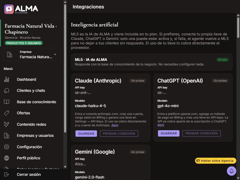 Captura de Integraciones de IA y más en computador