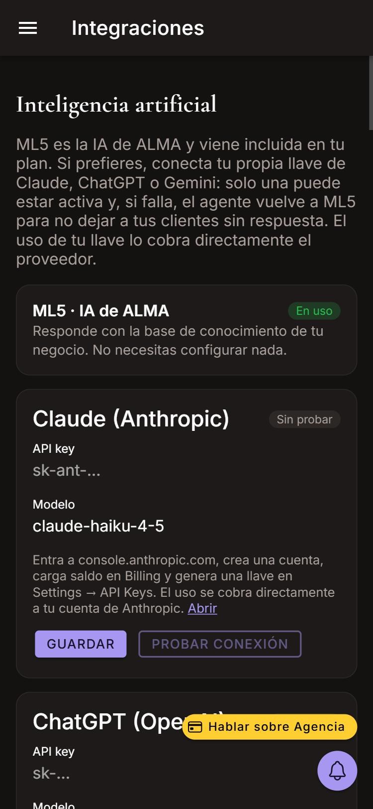 Captura de Integraciones de IA y más en celular