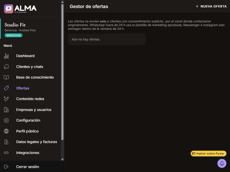 Captura de Gestor de ofertas en computador