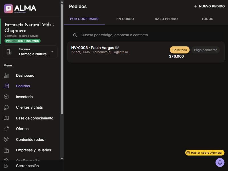 Captura de Pedidos por confirmar en computador