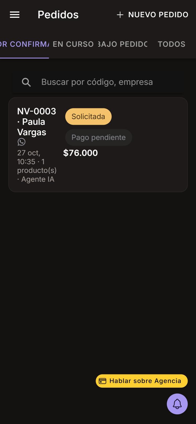 Captura de Pedidos por confirmar en celular