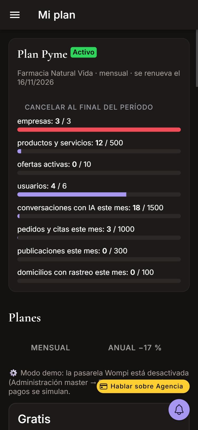 Captura de Mi plan: uso del mes y planes en celular